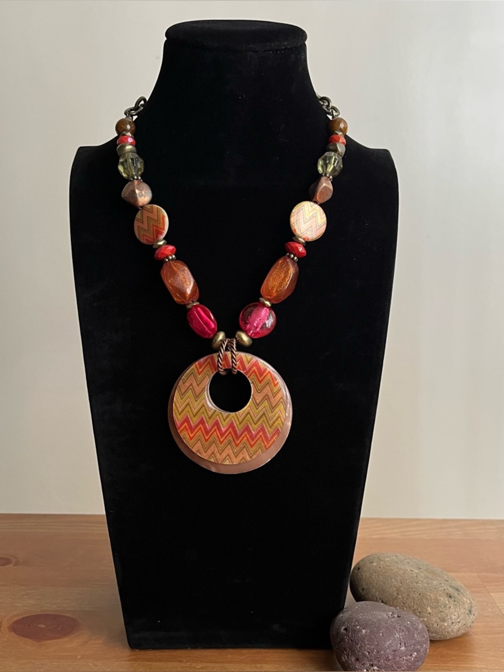 Boho chic style Ruby Rd. necklace with  brass chain, multi-colored beads
